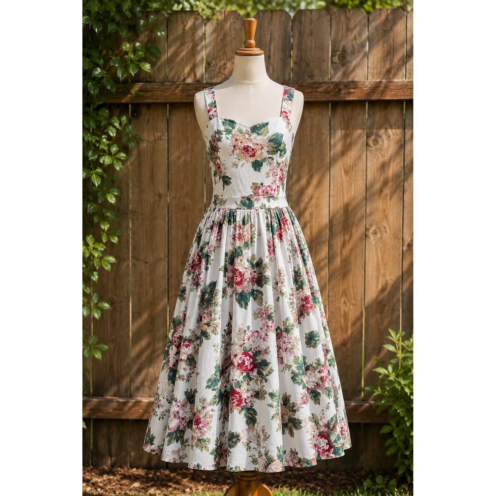 Vintage Cottagecore Floral Sun Dress Tie Back Pockets Size 7/8 Carol Anderson
